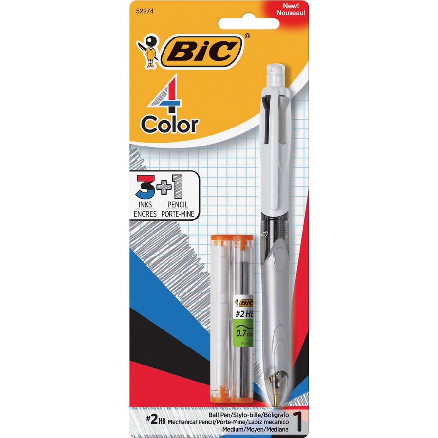 Pen, Ballpoint, Retractable, 4 in 1 Black, Blue, Red, Pencil 2HB, Singles, 1.0 Mm, Refillable