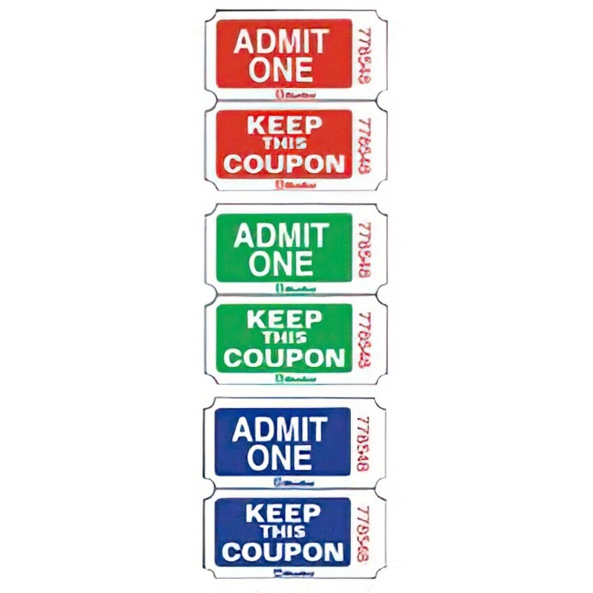 Tickets, Admit One with Attched Coupon Assorted, Roll, 1000 Tickets