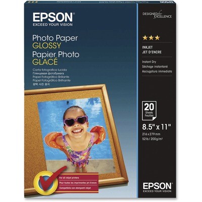 Paper, 52lb, Letter Photo Gloss, 20 Pack, Inkjet, Epson