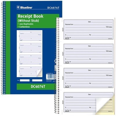 Receipt Book Stubless, Blueline 200 Duplicates, 6 5/8" x 10 5/8"