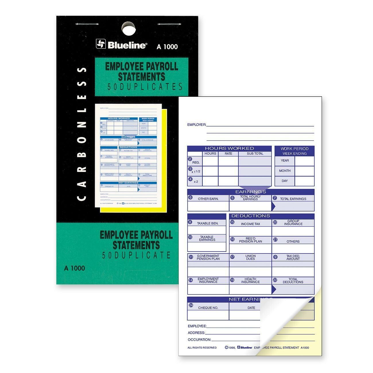 Payroll Statement Book, Blueline 50 Duplicates, 3 1/2" x 6 1/2"