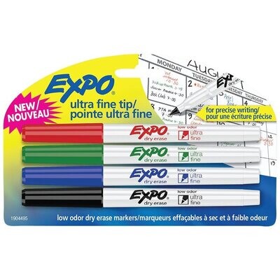 Marker, Whiteboard, Ultra Fine 4 Pack, Assorted, Expo