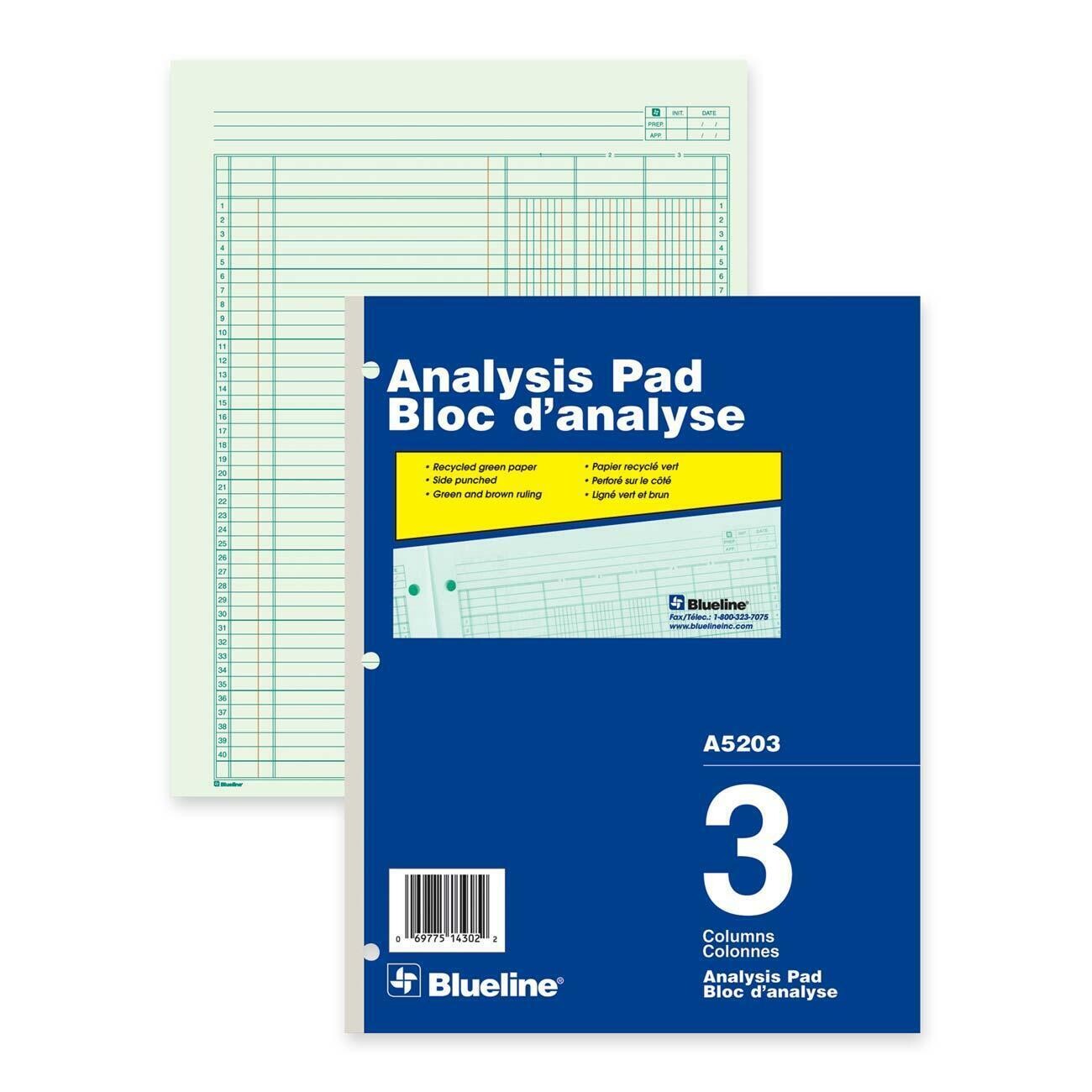 3 Column Analysis Pad, Blueline 50 Duplicates, 8 1/2" x 10 7/8"
