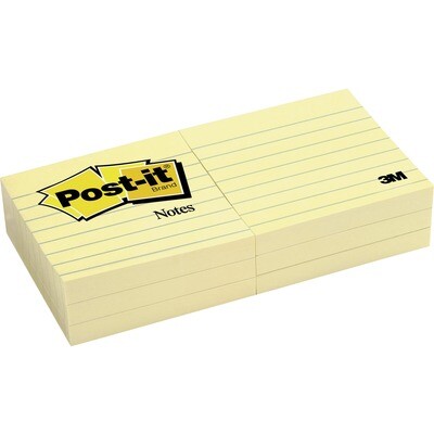 Adhesive Note, Ruled, Post-It 3" x 3", 6 Pack, Yellow