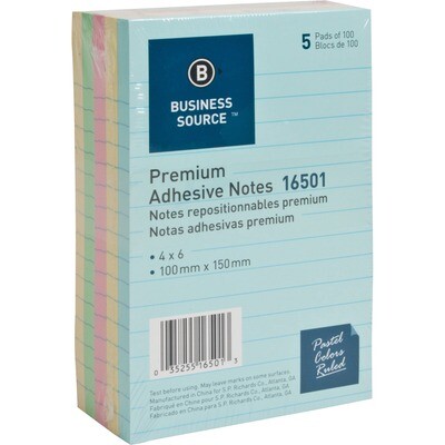 Adhesive Note, Ruled 4" x 6", 5 Pack, Pastel