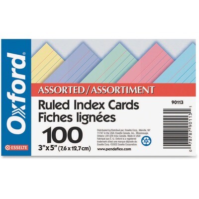 Index Cards, Ruled, Rainbow 3" x 5", 100 Pack, Oxford