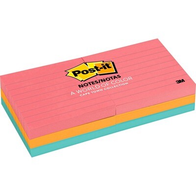 Adhesive Note, Ruled, Neon 3" X 3", 6 Pack, Post-It