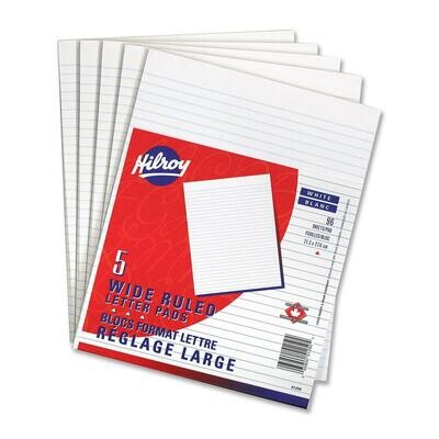 Paper Pad, Letter, Wide Ruled 5 Pack, 96 Sheet Per Pad