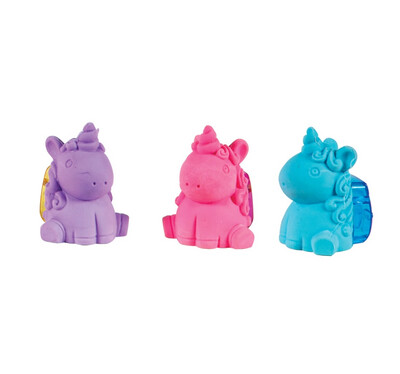 Eraser and Pencil Sharpener Unicorn Assorted Colours, With Receptacle