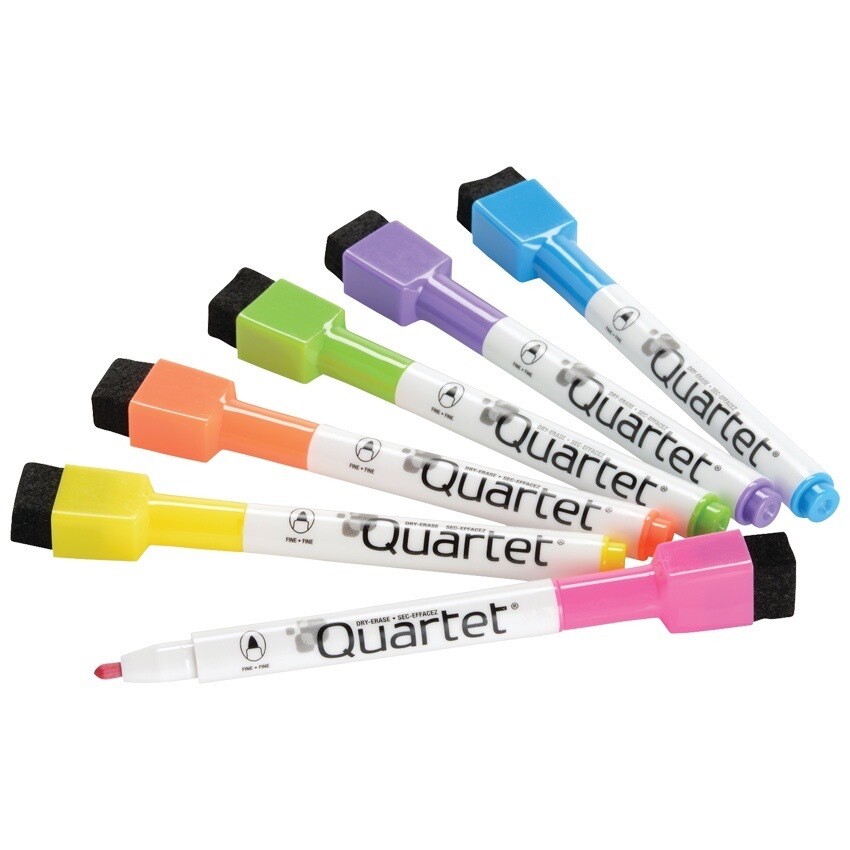 Marker, Whiteboard, Fine, Mini 6 Pack, with Magnet, Assorted, Quartet