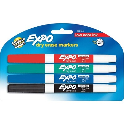Dry Erase, Markers, Low Odour Assorted, 4 Pack