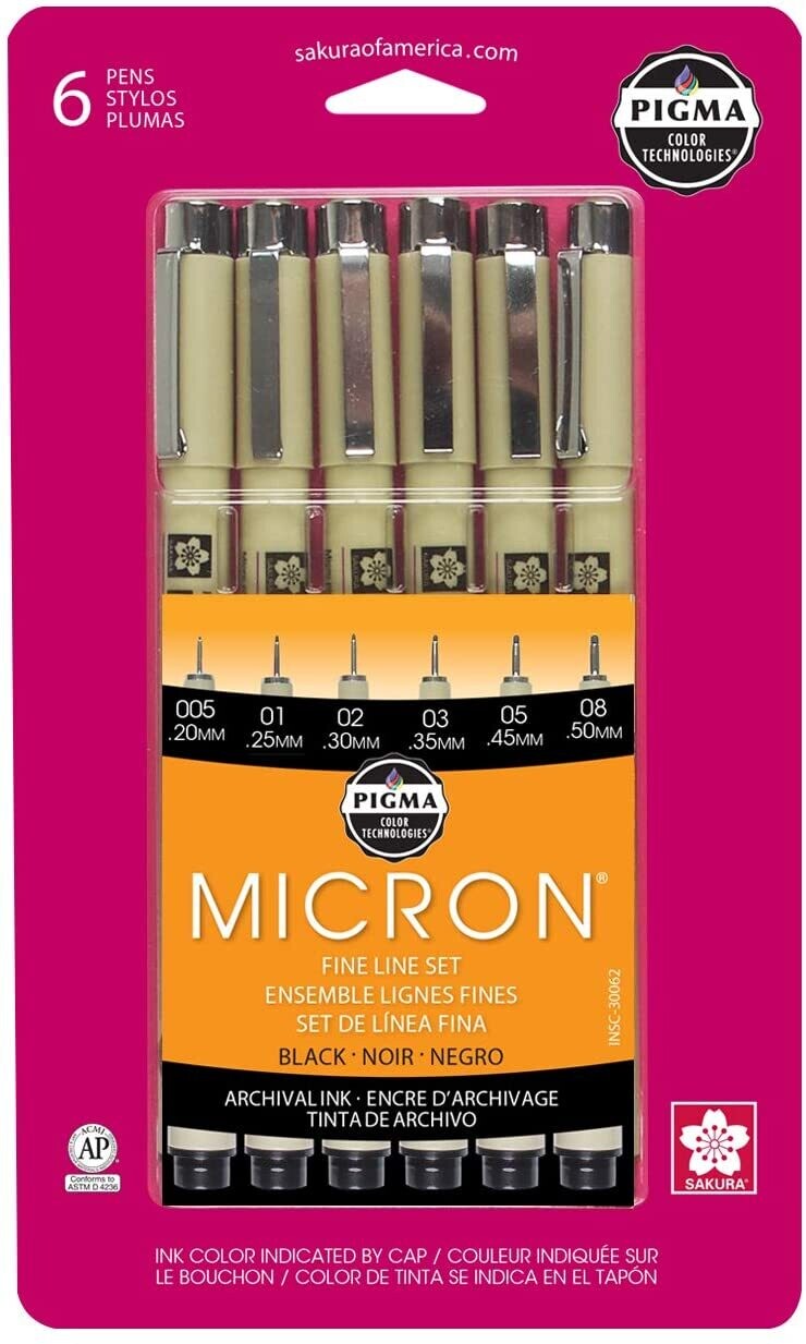 Pen, Pigma Micron, Fine & Extra Fine Black, 6 pack, Assorted Sizes