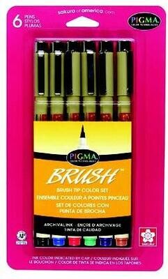 Pen, Pigma Brush Assorted Colours, 6 Pack 