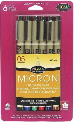 Pen, Pigma Micron 05, Fine Line Assorted Colours, 6 Pack 