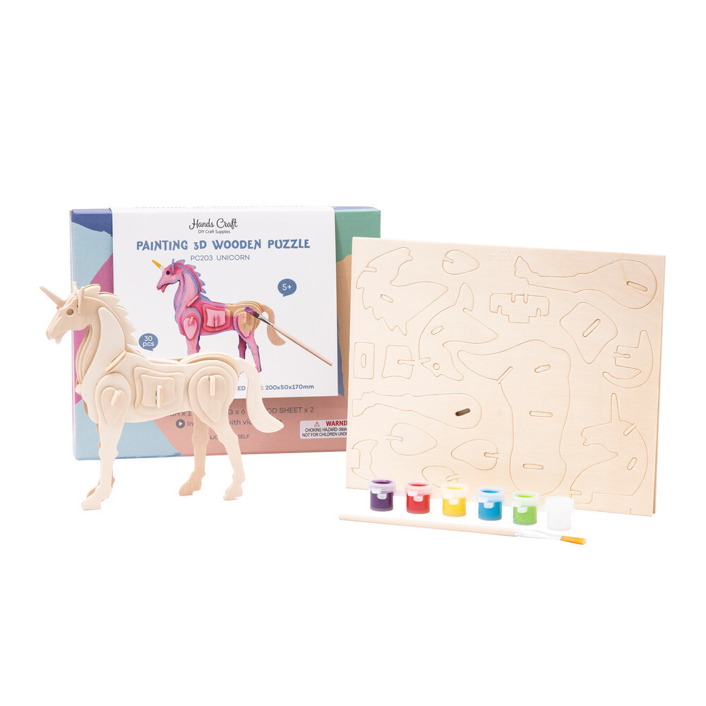 Puzzel, 3D Wooden, Paint Kit Unicorn, 30 Pieces
