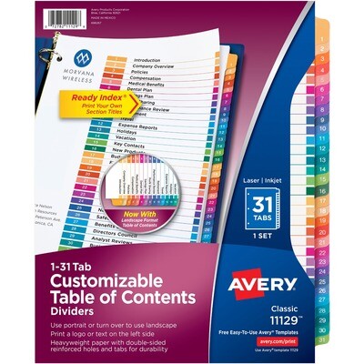 Index Tabs, Avery 31 Tabs, with Table of Contents