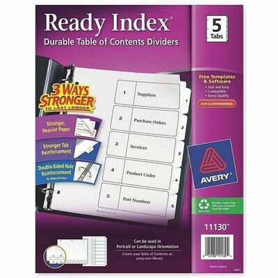 Index Tabs 5 Tabs, White, Avery