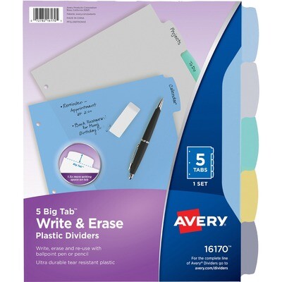 Dividers, Big Tab, Write & Erase 5 Tabs, Ultra Durable Multi-Colour Plastic