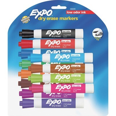 Marker, Dry Erase, Chisel, Low Odor 12 Pack, Assorted Colour, Expo