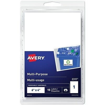 Labels, Multi-Purpose, Removable 6" x 4", 15 Pack, White, Avery