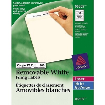 Labels, Filing, Removable 37/16" x 2/3", White, 300 Pack, Avery