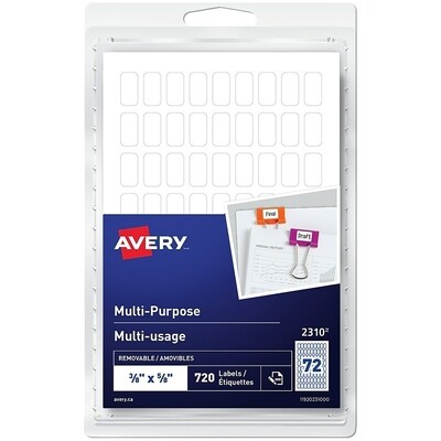 Labels, Removable 3/8" x 5/8", White, 720 Pack, Avery