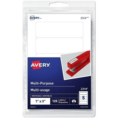 Labels, Multi-Purpose, Removable 1" x 3", 125 Pack, White, Avery