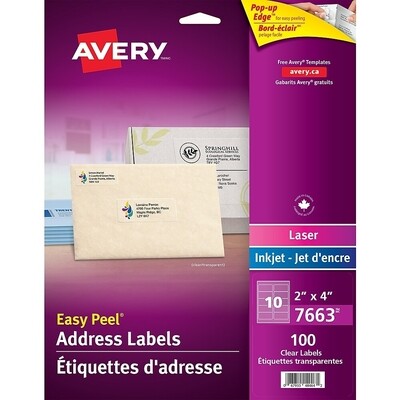 Labels, Address, Easy Peel 2" x 4", Clear, 100 Pack