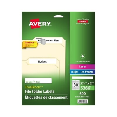File Folder Labels, Permanent 37/16" x 2/3", White, 1500 Pack, Avery