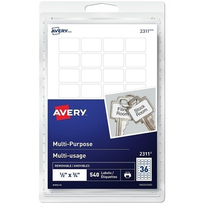 Labels, Multi-Purpose, Removable .05" x .75", 540 Pack, White, Avery