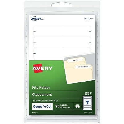 Label, File Folder, Permanent 1/3 Cut, White, 70 Pack, Avery