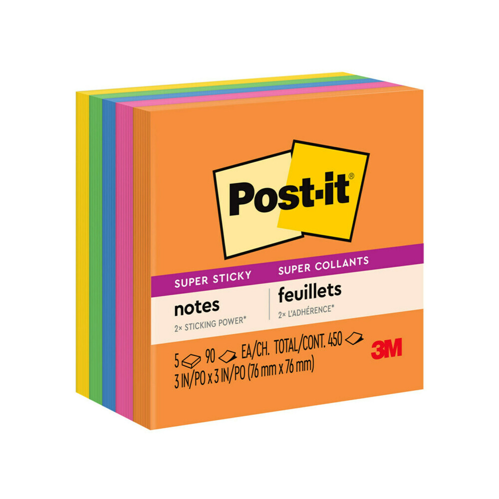 Adhesive Notes, Super Sticky 3" X 3", 5 Pads, Energy Boost Colours
