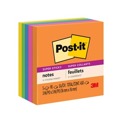 Adhesive Notes, Super Sticky 3" X 3", 5 Pads, Energy Boost Colours
