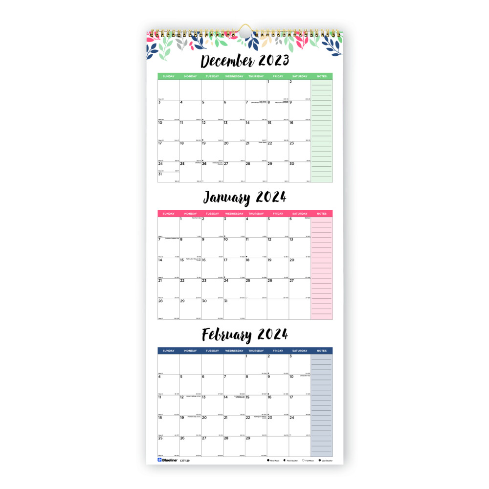 Calendar, 3 Month, Wall 27&quot; X 12 1/4&quot;, BlueLine