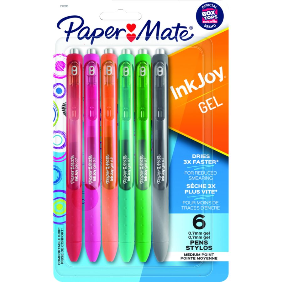 Pen, Gel Ink, 0.7mm Papermate, 6 Pack, Assorted Colours
