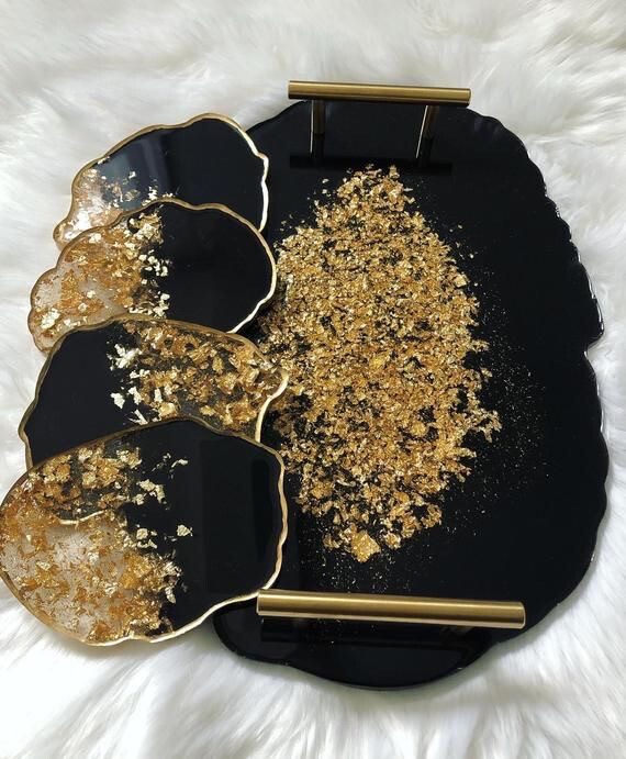 Black And Gold Tray And Coaster Set
