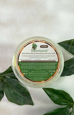 Bazousou Community Trade 100% unrefined Natural African Shea Butter from Ivory Coast.
Chunky (283 g / 10 oz)