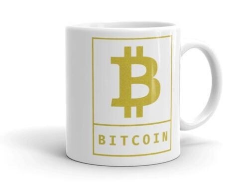 Bitcoin Cryptocurrency Logo Gold, White Glossy Coffee Mug