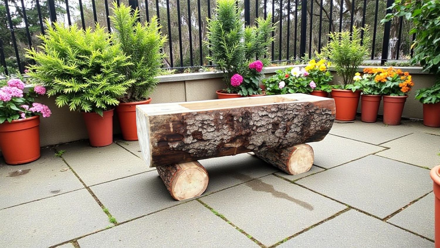 Holzbrunnen ,,Wendelstein'' Wassertrog aus Tannenholz mit Rinde