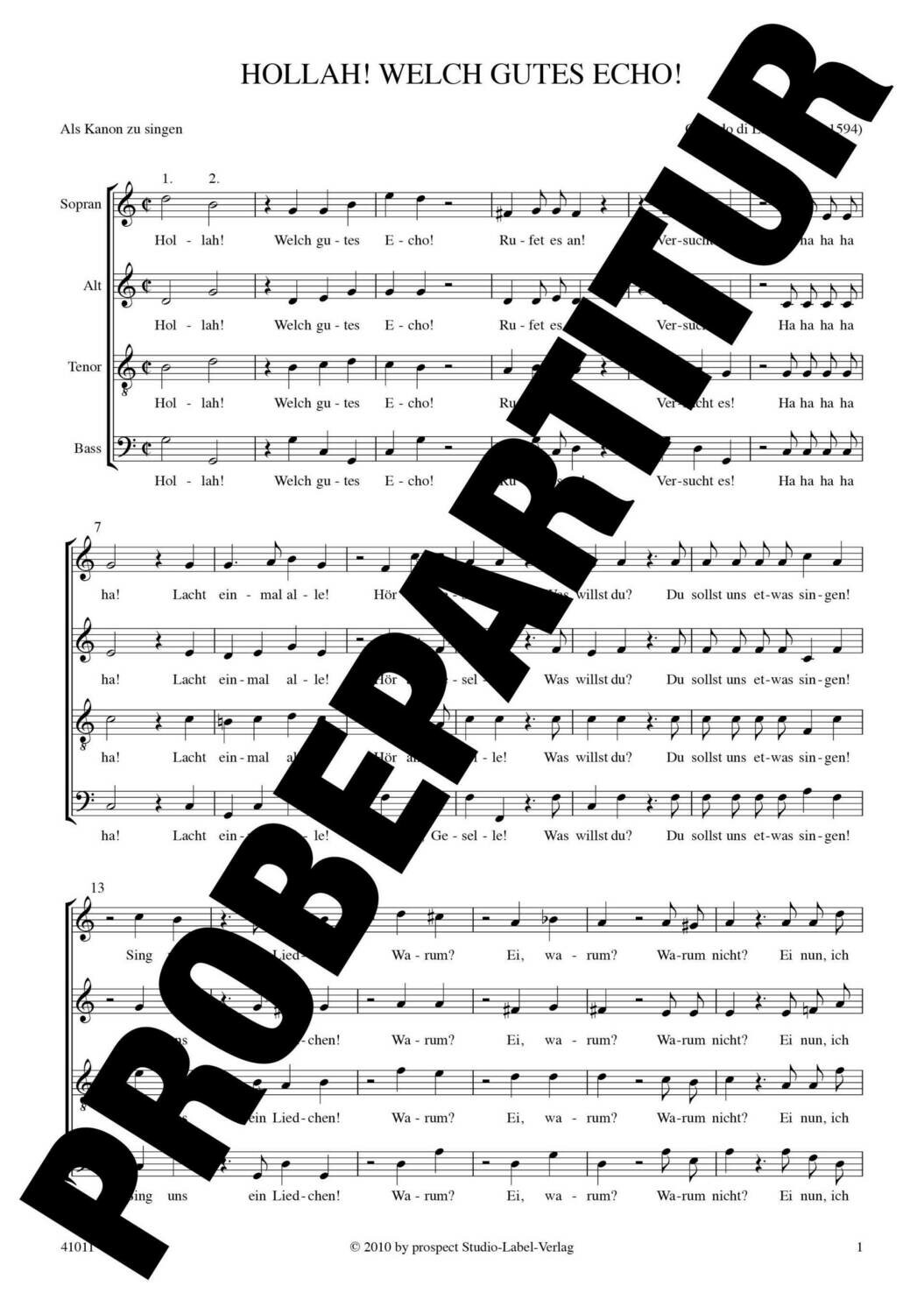 Orlando di Lasso: Hollah! Welch gutes Echo! | Chor SATB | Partitur