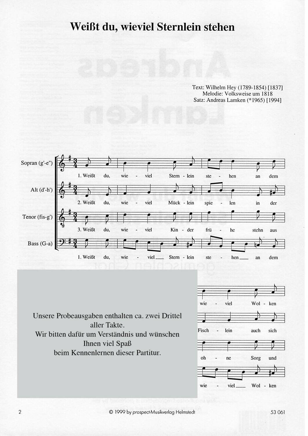 arr. Andreas Lamken: Weißt du wieviel Sternlein stehen? | Chor SATB | Partitur