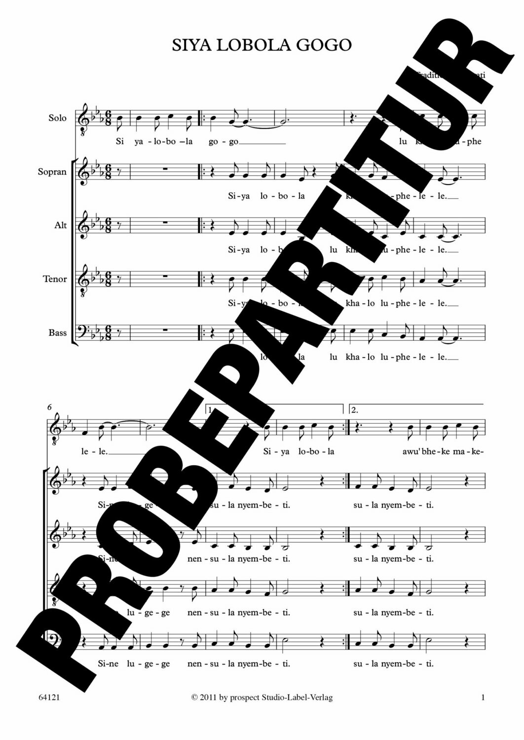 Traditional: Siya lobola gogo | Bariton solo und Chor SATB | Partitur