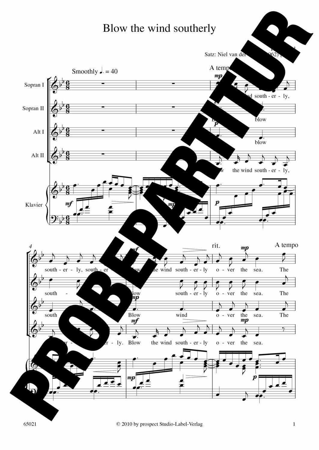 arr. Niel van der Watt: Blow the wind southerly | Chor SSAA und Klavier | Partitur