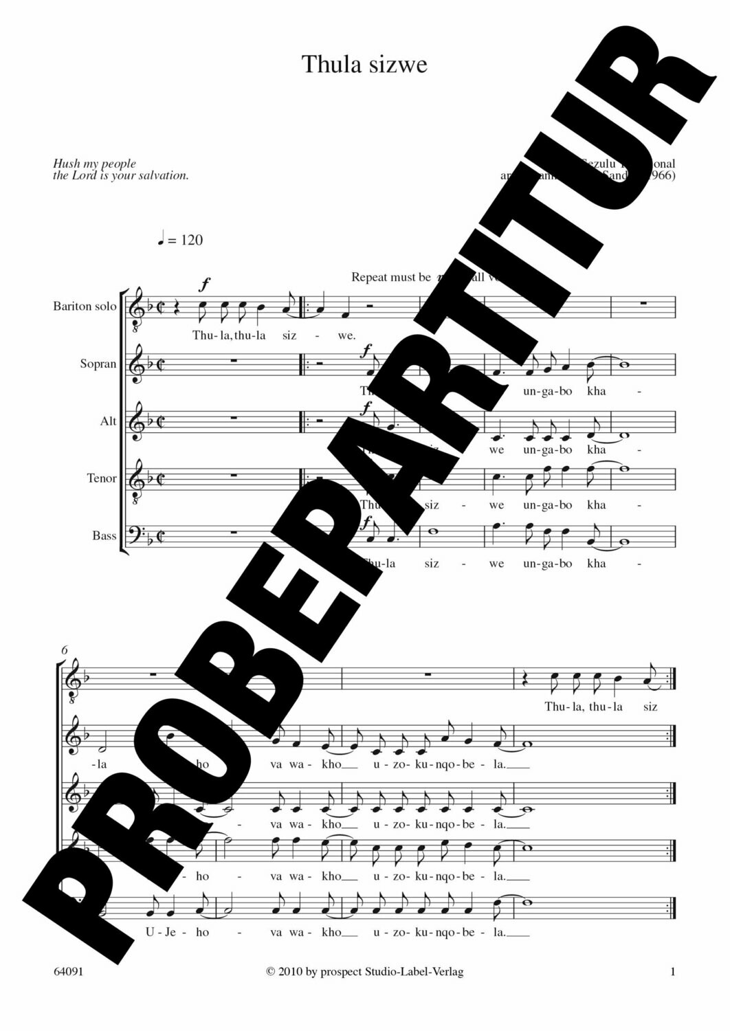 arr. Johann van der Sandt: Thula sizwe | Bariton solo und Chor SATB | Partitur