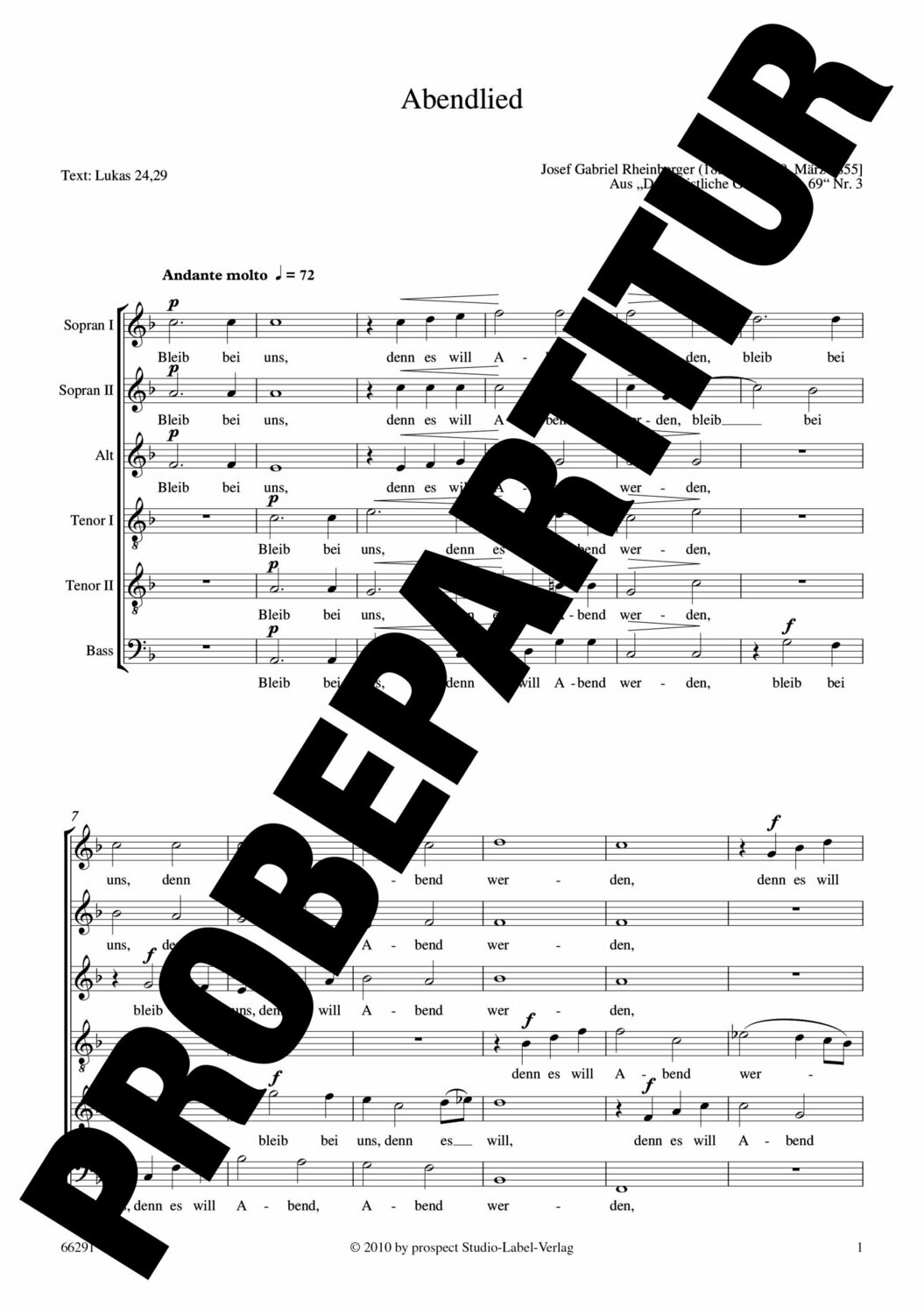 Josef Gabriel Rheinberger: Abendlied | Chor SSATTB | Partitur