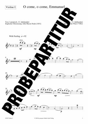 arr. Niel van der Watt: O come, o come, Emmanuel | Chor SSA, Streicher und Orgel | Violine I arr. Niel van der Watt: O come, o come, Emmanuel | Chor SSA, Streicher und Orgel | Violine I
