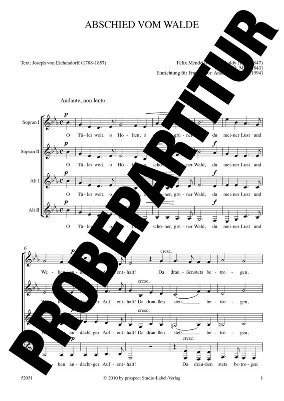 Felix Mendelssohn Bartholdy (arr. Andreas Lamken): Abschied vom Walde | Chor SSAA | Partitur | PDF Felix Mendelssohn Bartholdy (arr. Andreas Lamken): Abschied vom Walde | Chor SSAA | Partitur | PDF