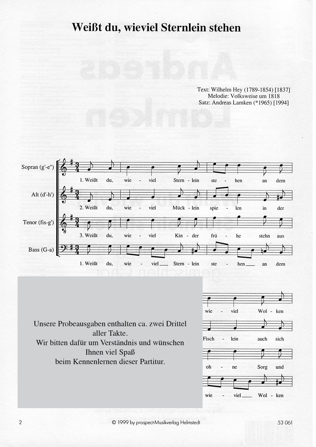 arr. Andreas Lamken: Weißt du wieviel Sternlein stehen? | Chor SATB | Partitur | PDF