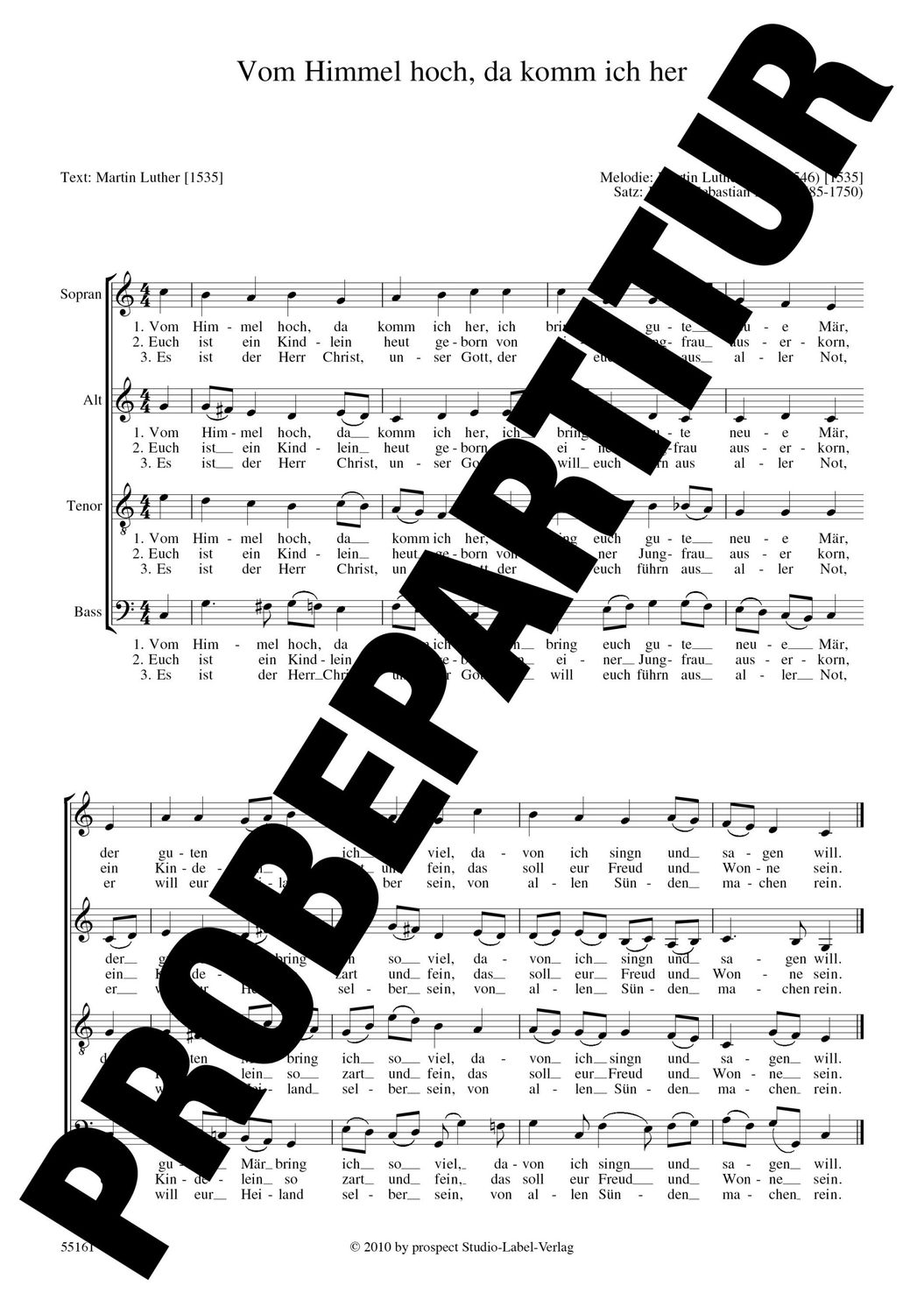 arr. Johann Sebastian Bach: Vom Himmel hoch, da komm ich her | Chor SATB | Partitur | PDF