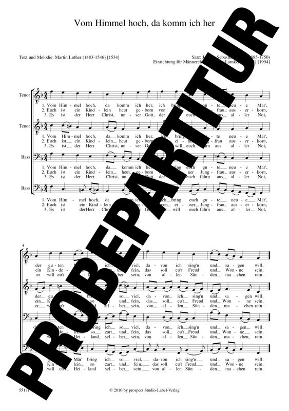 Martin Luther (arr. Johann Sebastian Bach): Vom Himmel hoch, da komm ich her | Chor TTBB | Partitur | PDF Martin Luther (arr. Johann Sebastian Bach): Vom Himmel hoch, da komm ich her | Chor TTBB | Partitur | PDF